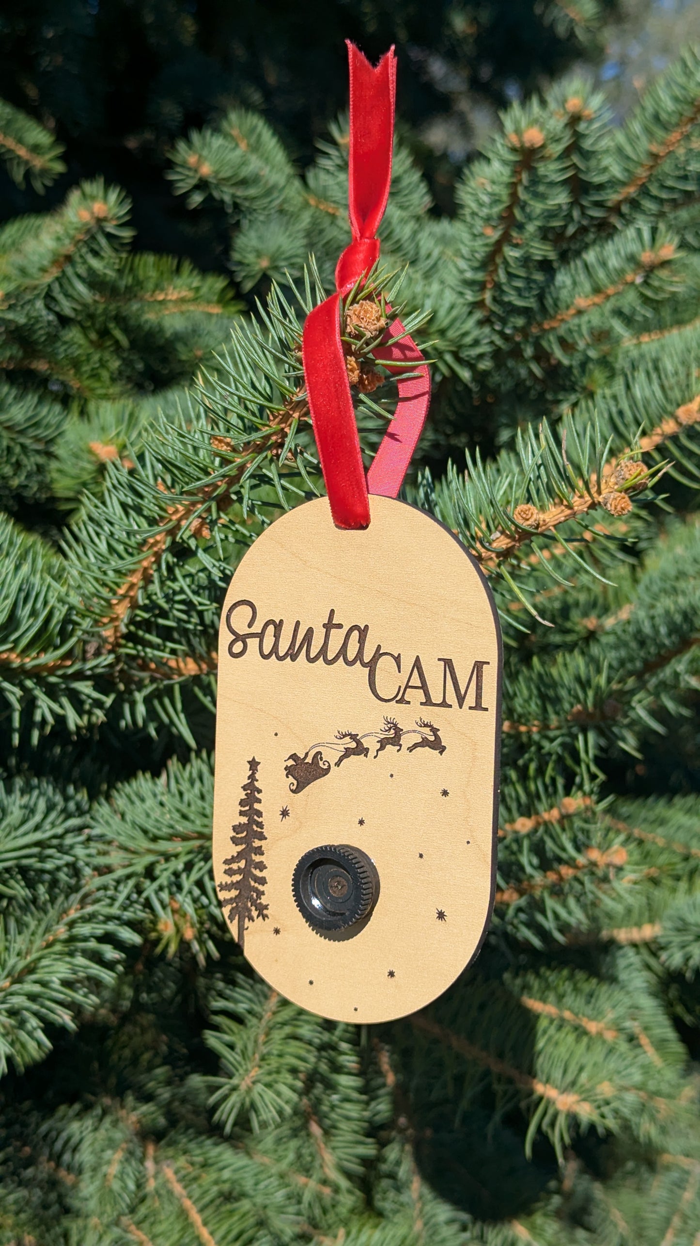 Santa Cam Ornament – Engraved TruFlat Maple with Red Velvet Ribbon