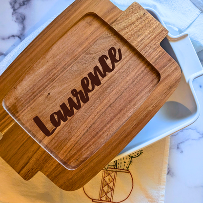 Personalized Acacia Wood Trivet + Ceramic Baking Dish