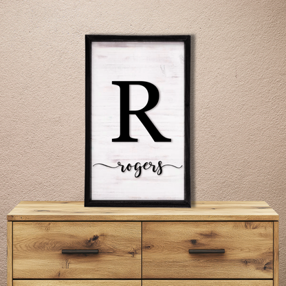 Custom Family Name Wall Sign with Monogram – Rustic Framed Wooden Decor