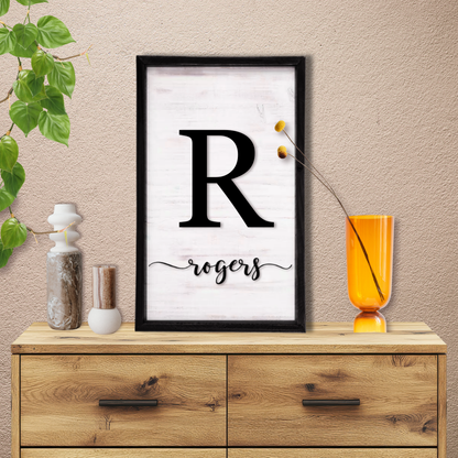 Custom Family Name Wall Sign with Monogram – Rustic Framed Wooden Decor