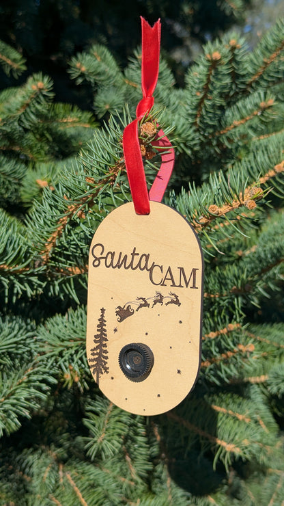 Santa Cam Ornament – Engraved TruFlat Maple with Red Velvet Ribbon